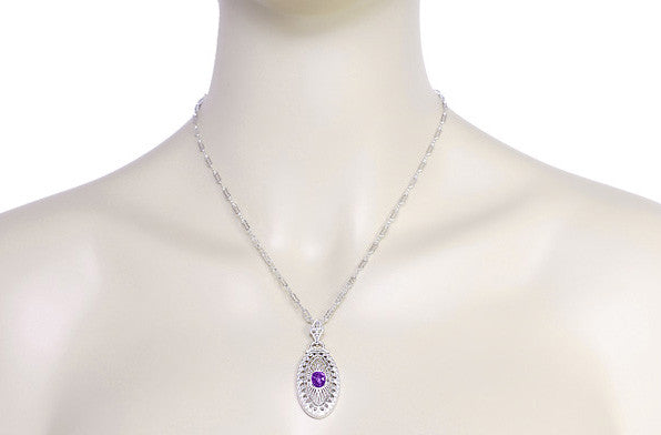 Art Deco Amethyst Filigree Oval Pendant Necklace in Sterling Silver - Item: N148AM - Image: 4