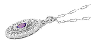 Art Deco Amethyst Filigree Oval Pendant Necklace in Sterling Silver - alternate view