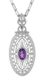 Art Deco Amethyst Filigree Oval Pendant Necklace in Sterling Silver