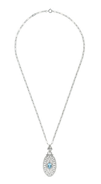 Art Deco Blue Topaz Filigree Oval Pendant Necklace in Sterling Silver - Item: N148BT - Image: 3