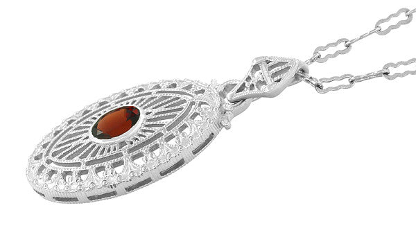 Art Deco Almandite Garnet Filigree Oval Pendant Necklace in Sterling Silver - Item: N148G - Image: 2