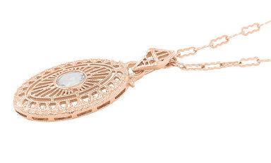 Art Deco Oval White Topaz Filigree Rose Gold Vermeil Pendant Necklace in Sterling Silver - alternate view