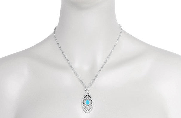 Art Deco Turquoise Filigree Oval Pendant Necklace in Sterling Silver - Item: N148TQ - Image: 4