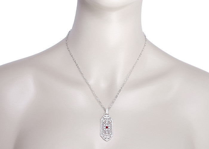Art Deco Filigree Ruby Geometric Pendant Necklace in Sterling Silver - Item: N150R - Image: 4