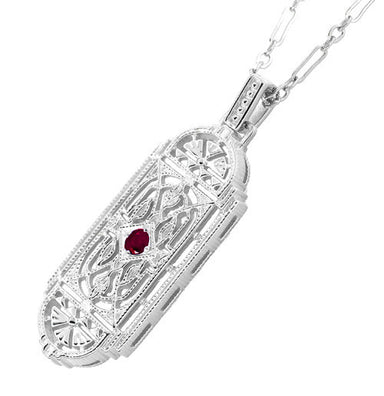 Art Deco Filigree Ruby Geometric Pendant Necklace in Sterling Silver - alternate view