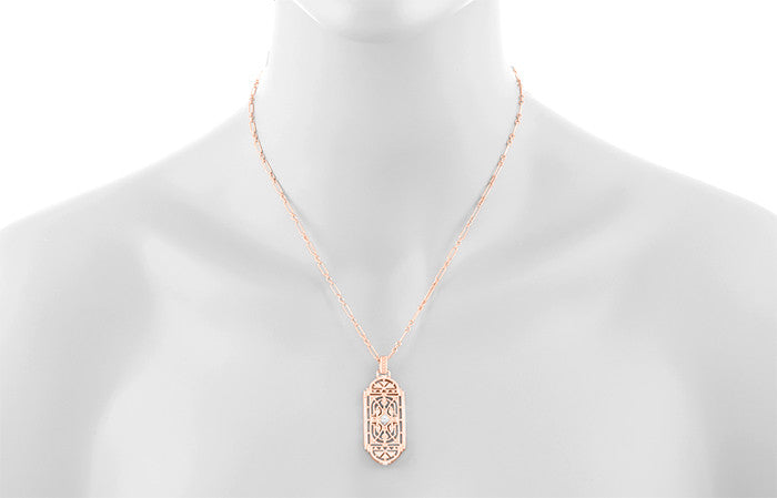 Art Deco Filigree Rose Gold Vermeil Geometric White Sapphire Pendant Necklace in Sterling Silver - Item: N150RWS - Image: 4