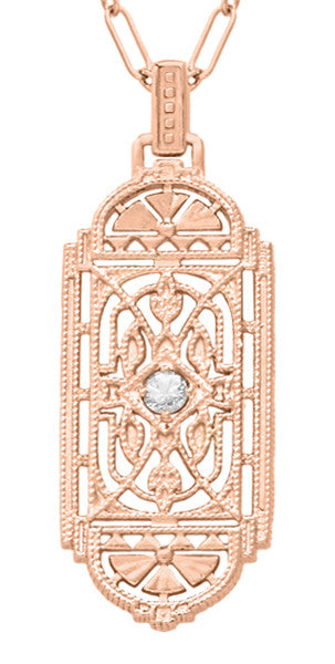 Art Deco Filigree Rose Gold Vermeil Geometric White Sapphire Pendant Necklace in Sterling Silver