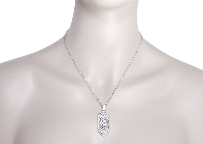 1920's Pink Sapphire Pendant in Sterling Silver - Vintage Style Art Deco Filigree Necklace - Item: N150WPS - Image: 4