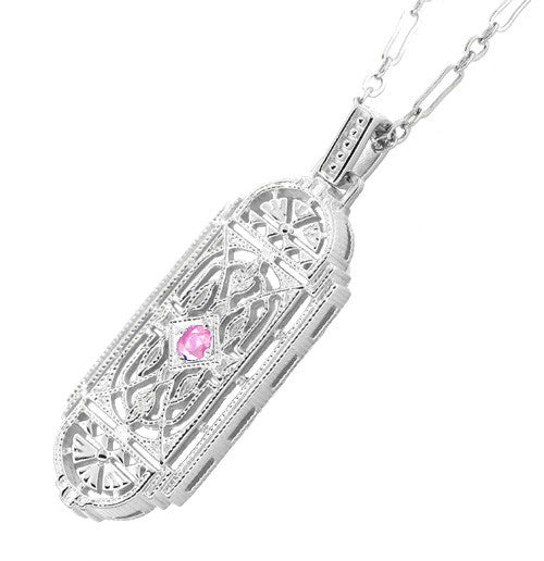 1920's Pink Sapphire Pendant in Sterling Silver - Vintage Style Art Deco Filigree Necklace - Item: N150WPS - Image: 2