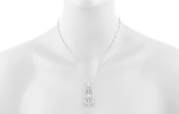 1920's Art Deco Filigree White Sapphire Geometric Pendant Necklace in Sterling Silver - Item: N150WWS - Image: 4