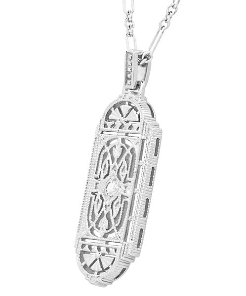 1920's Art Deco Filigree White Sapphire Geometric Pendant Necklace in Sterling Silver - Item: N150WWS - Image: 2