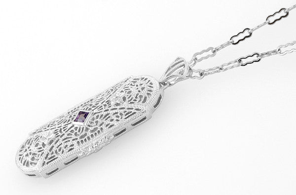 Art Deco Amethyst and Diamonds Floral Filigree Pendant Necklace in Sterling Silver - Item: N151AM - Image: 2