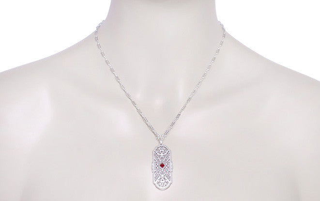 Art Deco Flowers Filigree Ruby Pendant Necklace in Sterling Silver - Item: N151R - Image: 4