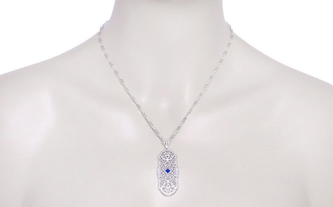 Art Deco Sapphire and Diamonds Floral Filigree Pendant Necklace in Sterling Silver - Item: N151S - Image: 4