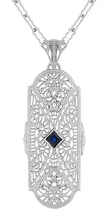 Art Deco Sapphire and Diamonds Floral Filigree Pendant Necklace in Sterling Silver