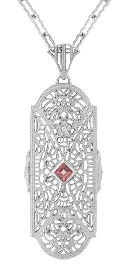 Art Deco Pink Tourmaline and Diamonds Floral Filigree Pendant Necklace in Sterling Silver
