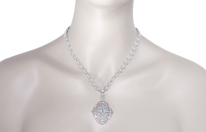 Edwardian Filigree Drop Pendant Necklace with Blue Topaz and Diamond in Sterling Silver - Item: N152BT - Image: 4