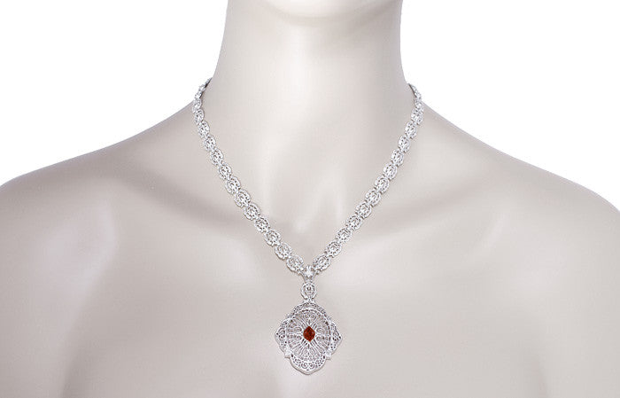 Edwardian Filigree Drop Pendant Necklace with Almandite Garnet and Diamond in Sterling Silver - Item: N152G - Image: 4