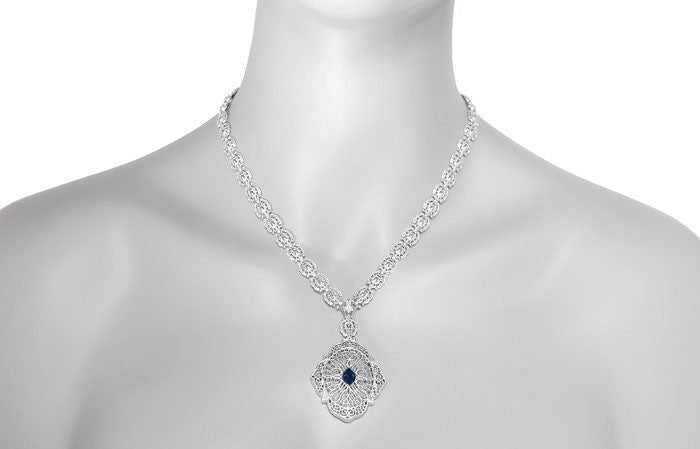 Edwardian Filigree Sapphire and Diamond Drop Pendant Necklace in Sterling Silver - Item: N152S - Image: 4