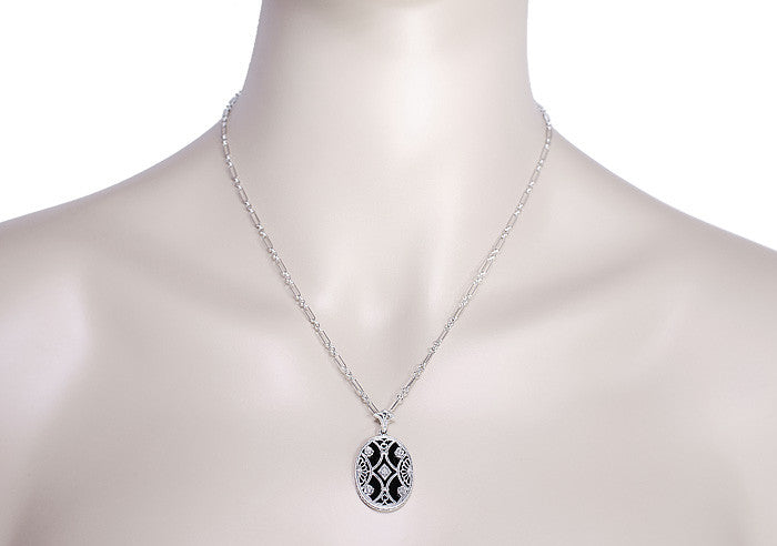 Art Deco Filigree Flowers and Scrolls Black Onyx and Diamond Vintage Filigree Pendant in Sterling Silver - Item: N155 - Image: 4
