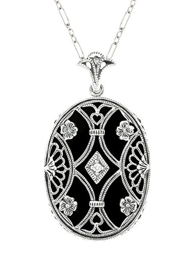 Art Deco Filigree Flowers and Scrolls Black Onyx and Diamond Vintage Filigree Pendant in Sterling Silver