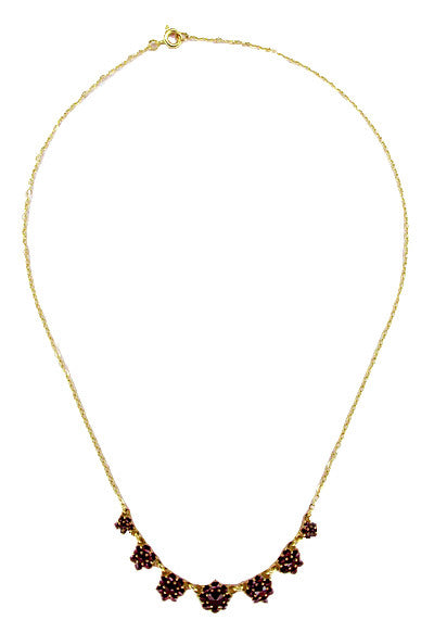 Victorian Bohemian Garnet Flowers Crescent Necklace in Sterling Silver with Yellow Gold Vermeil - Item: N156 - Image: 2