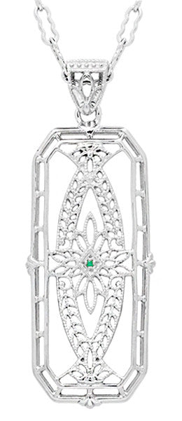 Vintage 1930's Style Ichthys Filigree Emerald Pendant Necklace in Sterling Silver