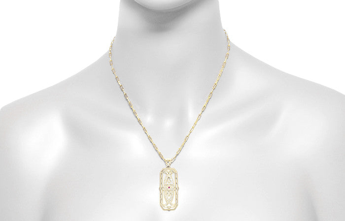 Art Deco Antique Inspired Filigree Ichthys Ruby Pendant Necklace in Yellow Gold Over Sterling Silver - Item: N161YR - Image: 4