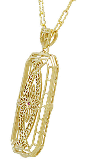 Art Deco Antique Inspired Filigree Ichthys Ruby Pendant Necklace in Yellow Gold Over Sterling Silver - Item: N161YR - Image: 2