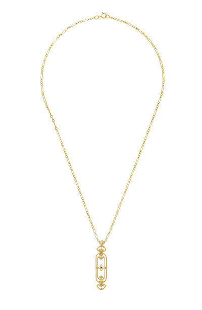 Art Nouveau Filigree Fleur De Lys Cartouche Ruby Pendant Necklace in Yellow Gold Vermeil Over Sterling Silver - Item: N164YR - Image: 3