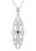 North South 1920's Filigree Amethyst Pendant Necklace in Sterling Silver - Art Deco Antique Inspired