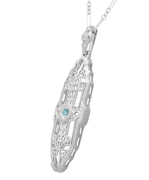 Art Deco Filigree Sky Blue Topaz Lozenge Necklace in Sterling Silver - Item: N165WBT - Image: 2