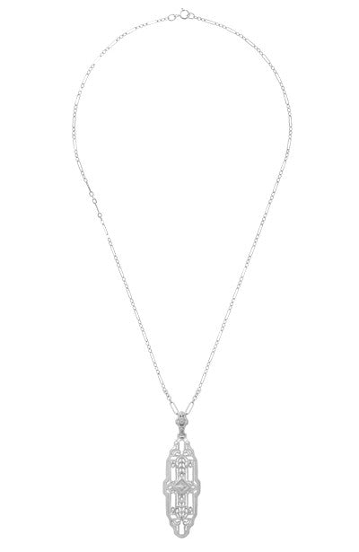 1920's Art Deco Filigree Lozenge Shape Diamond Pendant in Sterling Silver - Item: N165WD - Image: 3