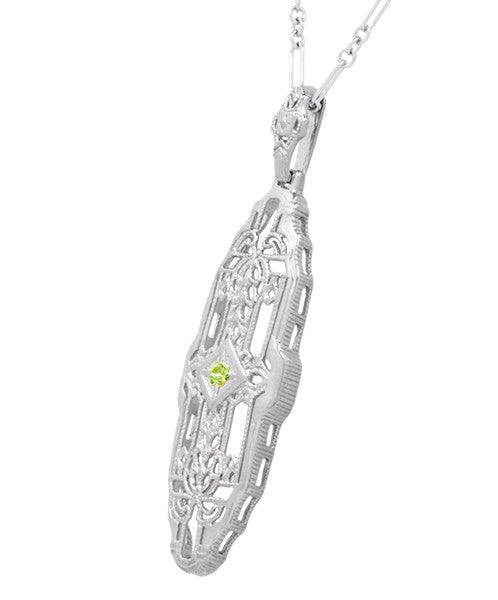 1920's Filigree Peridot Pendant Necklace in Sterling Silver - Art Deco Lozenge Shape - Item: N165WPER - Image: 2