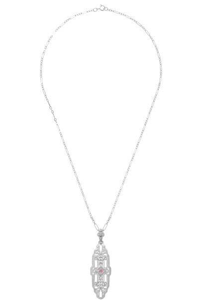 Filigree Art Deco Pink Sapphire Lozenge Shape Necklace in Sterling Silver - Item: N165WPS - Image: 3