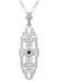 1920's Art Deco Filigree North South Ruby Pendant Necklace in Sterling Silver