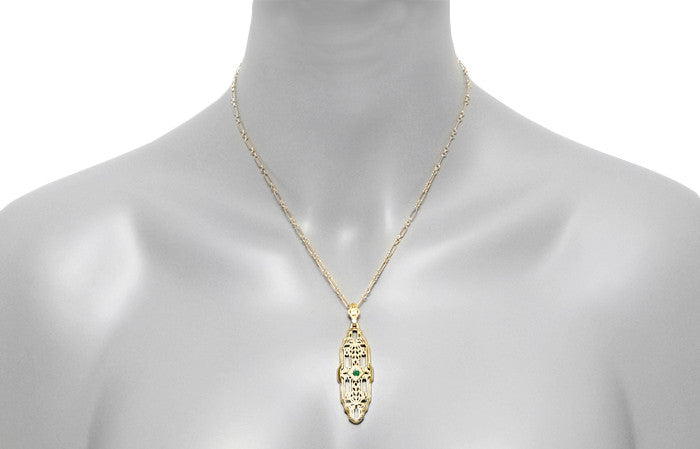 Art Deco Filigree Emerald Lozenge Pendant Necklace in Sterling Silver with Yellow Gold Vermeil - Item: N165YE - Image: 4