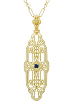 1920's Art Deco Filigree Lozenge Shape Blue Sapphire Pendant Necklace in Sterling Silver with Yellow Gold Vermeil