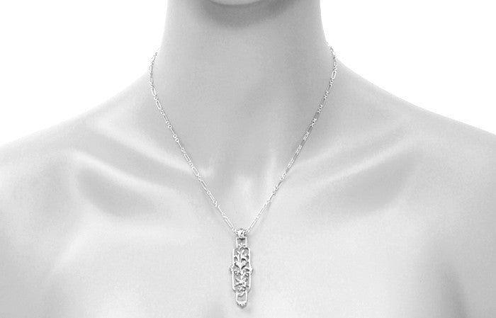 Floral Filigree Art Nouveau Cartouche Pendant Necklace in Sterling Silver - Item: N166W - Image: 4