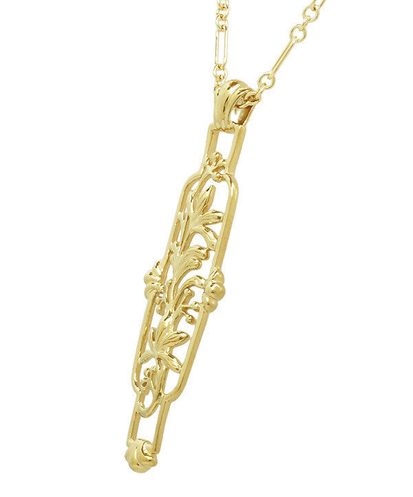Art Nouveau Cartouche Filigree Lilies Pendant Necklace in Yellow Gold Vermeil over Sterling Silver - Item: N166Y - Image: 2