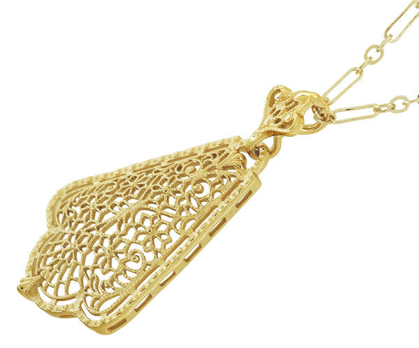 Edwardian Scalloped Leaf Dangling Filigree Pendant Necklace in Sterling Silver with Yellow Gold Vermeil - Item: N169Y - Image: 2
