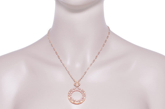 Art Deco Eternal Circle of Love Filigree Pendant Necklace in Sterling Silver with Rose Gold Vermeil - Item: N170R - Image: 4