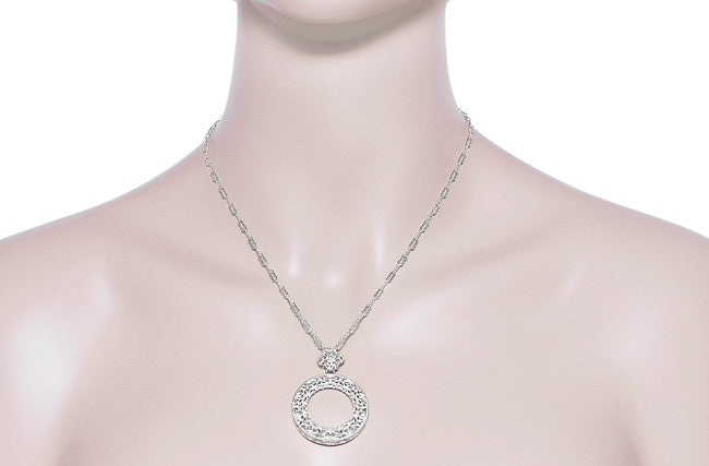 Art Deco Eternal Circle of Love Filigree Pendant Necklace in Sterling Silver - Item: N170W - Image: 4