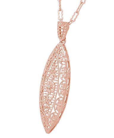 Filigree Leaf Art Deco Rose Gold Vermeil Diamond Pendant Necklace in Sterling Silver - alternate view