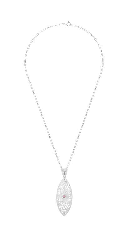 Pink Sapphire Dangling Leaf Art Deco Filigree Necklace In Sterling Silver - Item: N171WPS - Image: 3