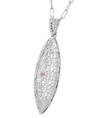 Pink Sapphire Dangling Leaf Art Deco Filigree Necklace In Sterling Silver - alternate view