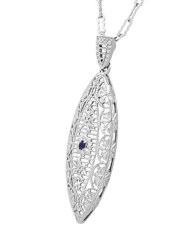 Art Deco Sterling Silver Blue Sapphire Filigree Leaf Necklace - alternate view