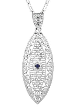 Art Deco Sterling Silver Blue Sapphire Filigree Leaf Necklace