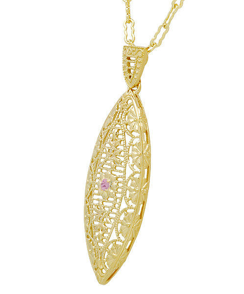 Art Deco Filigree Leaf Pink Sapphire Pendant Necklace in Yellow Gold Vermeil - Item: N171YPS - Image: 2