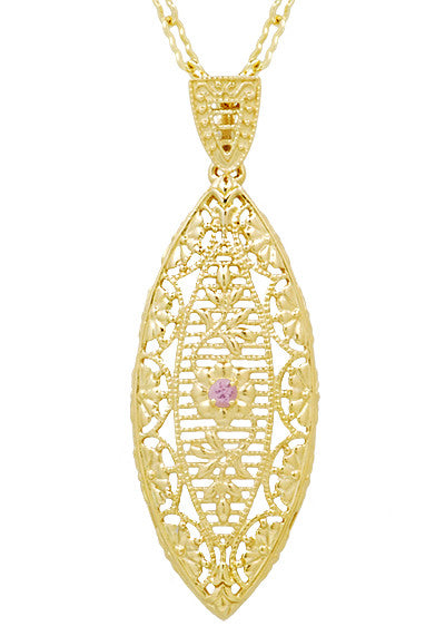 Art Deco Filigree Leaf Pink Sapphire Pendant Necklace in Yellow Gold Vermeil